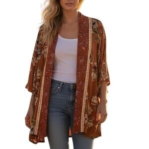 Angie Open Kimono Cardigan Women's Small Toffee Floral Topper Coverup Beachy